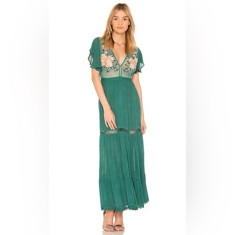 Cleobella Amery Embroidered Mesh Maxi Dress in teal blue green size small